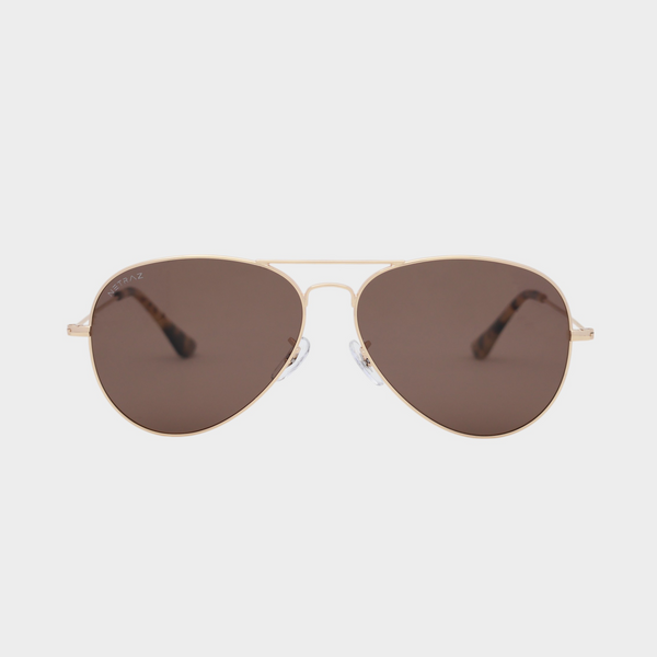 NETRAZ NZ1001 Brown Aviator Sunglasses With Pilot Gold Frame And Brown Lens Front View