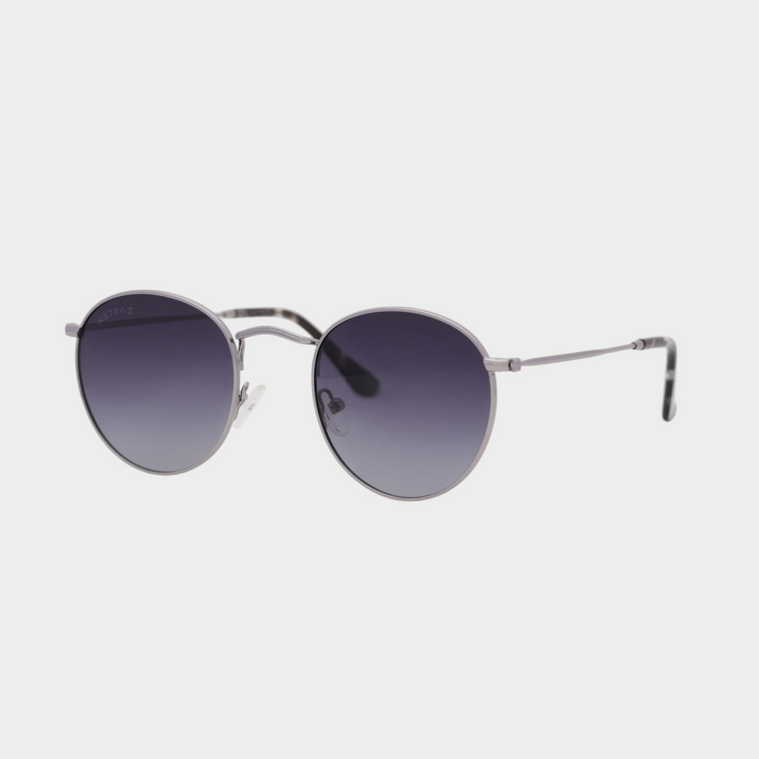 NETRAZ NZ2001 Midnight Gradient Round Sunglasses With Silver Frame And Midnight Gradient Lens Angle View