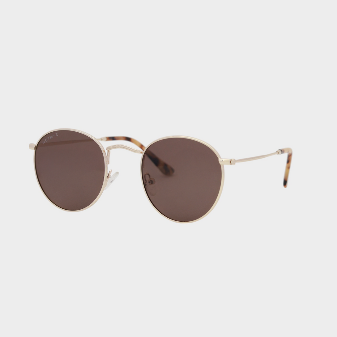 NETRAZ NZ2001 Round Brown Sunglasses With Gold Frame And Brown Lens Angle View