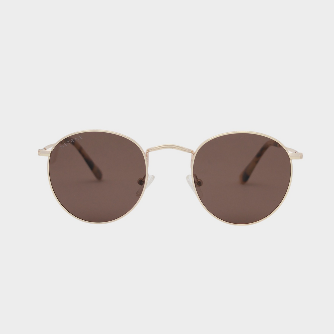 NETRAZ NZ2001 Round Brown Sunglasses With Gold Frame And Brown Lens Front View