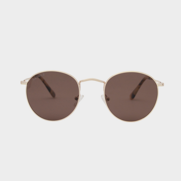 NETRAZ NZ2001 Round Brown Sunglasses With Gold Frame And Brown Lens Front View