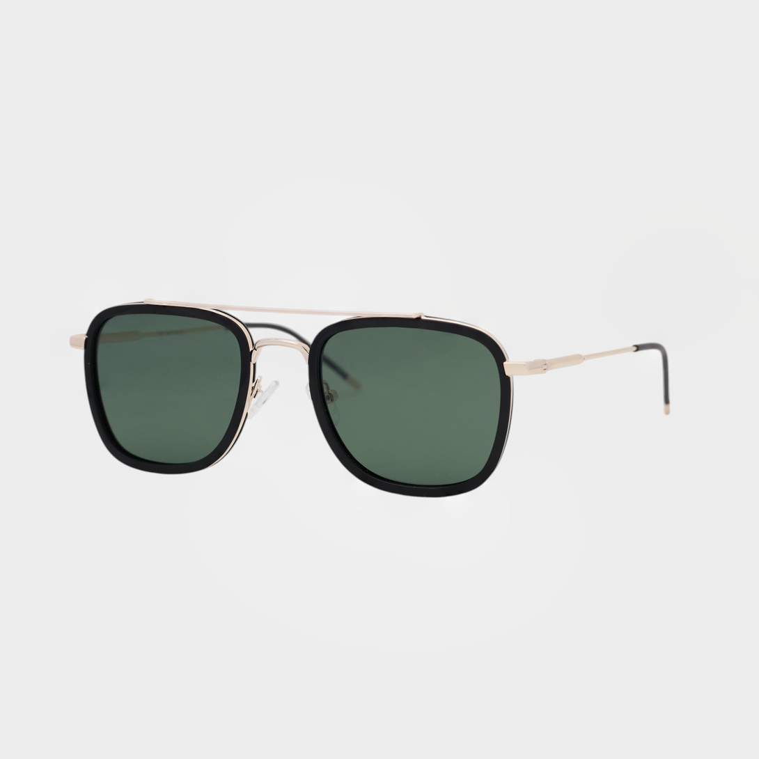 NETRAZ NZ3049 Square Aviator Sunglasses With Gold And Black Frame And Green Lens Angle View