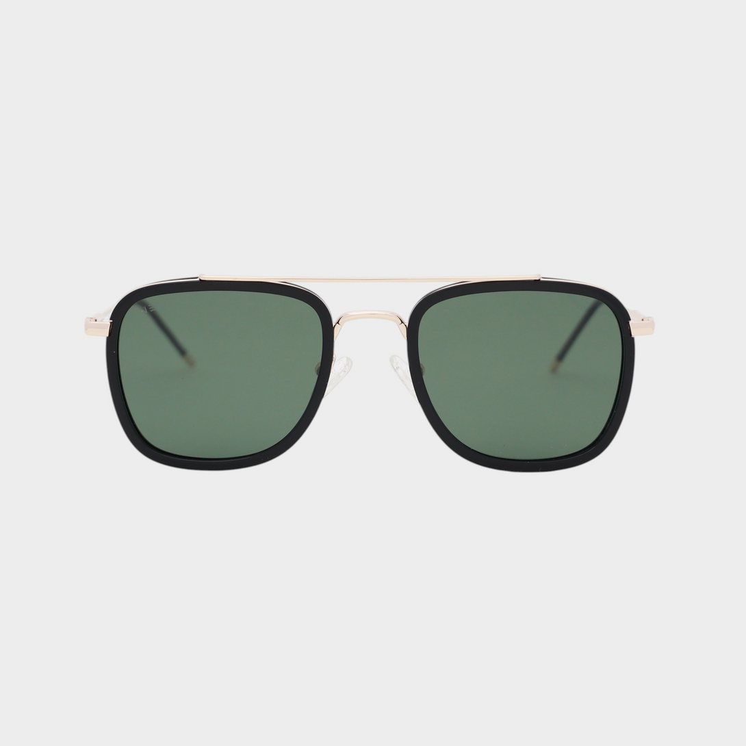 NETRAZ NZ3049 Square Aviator Sunglasses With Gold And Black Frame And Green Lens Front View