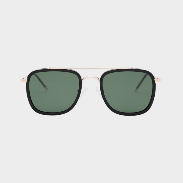 NETRAZ NZ3049 Square Aviator Sunglasses With Gold And Black Frame And Green Lens Front View