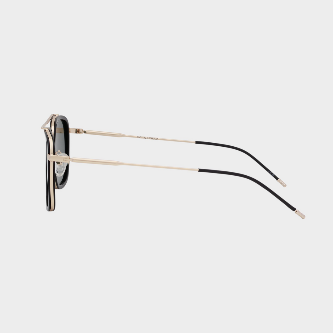 NETRAZ NZ3049 Square Aviator Sunglasses With Gold And Black Frame And Green Lens Side View